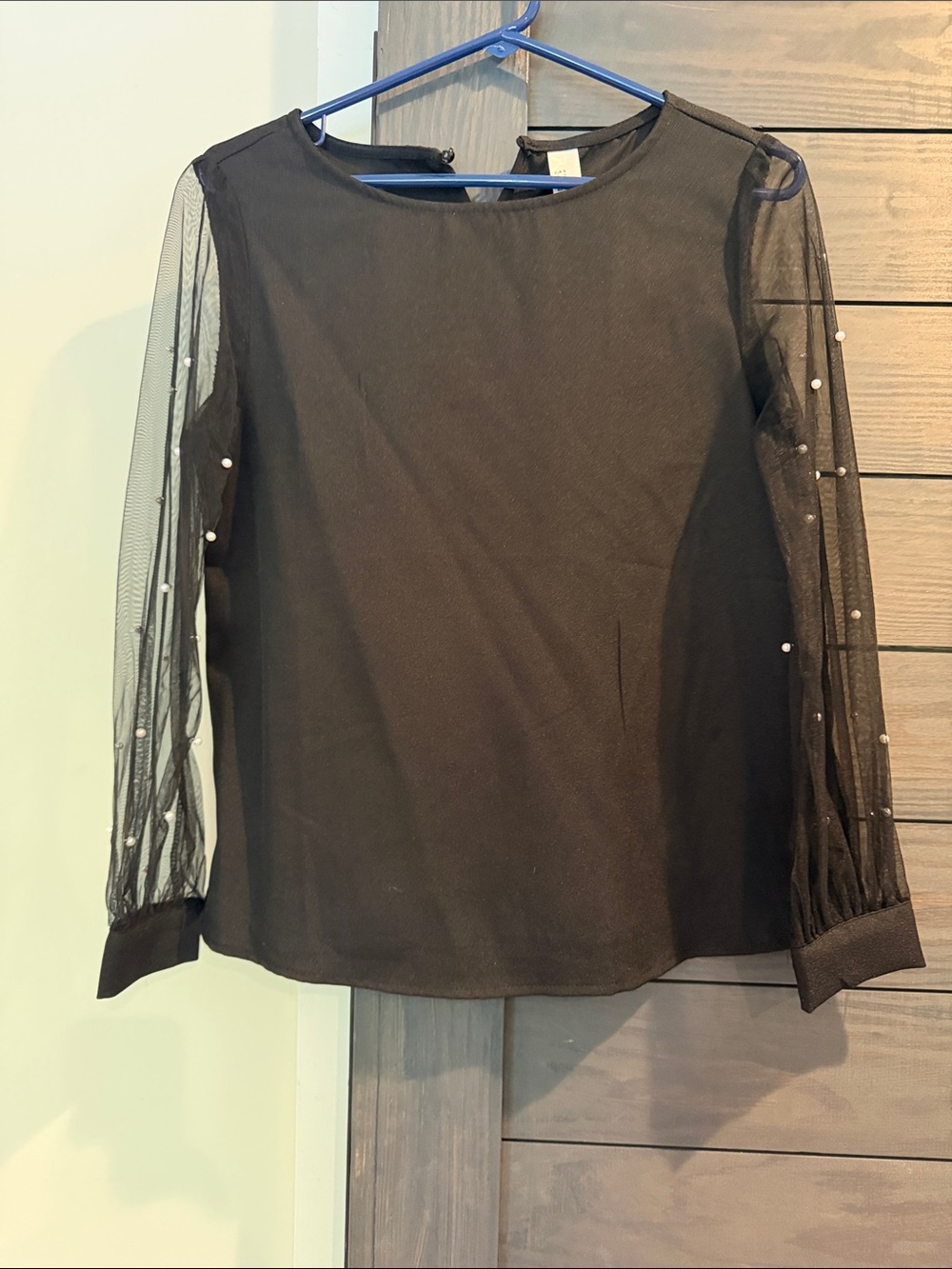 Black Sheer Pearl-Sleeve Women's Top